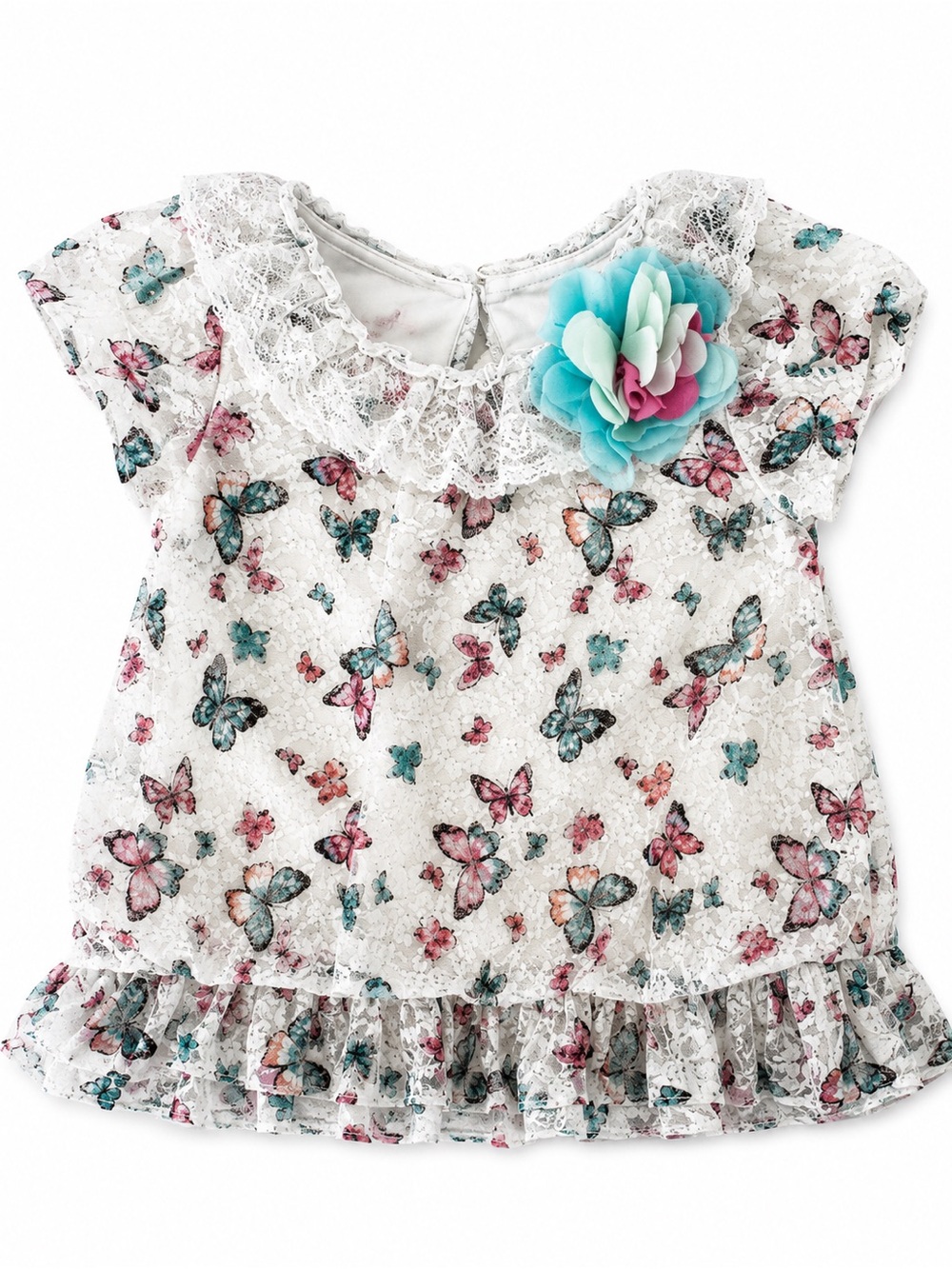 Nanette Baby White Lace Dress with Pink Logo and Teal Flower